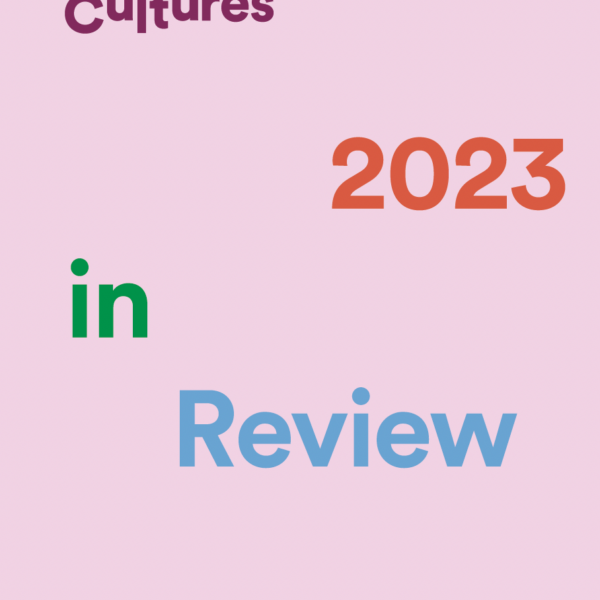 Coloured text on a pink background reads: Metroland Cultures, 2023 in Review